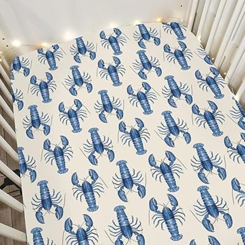 Blue Lobster Baby Crib Sheets for Boy Girl 52"x28" Nautical Marine Animal Soft Snug Fitted Crib Mattress Cover Neutral Sea Beach Summer Nursery Baby Sheet for Standard Crib and Toddler Mattress