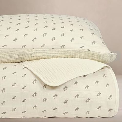 Oilo 100% Organic Premium Cotton Muslin Crib Quilt & Sham Set, (45" x 60") Print and Solid Sides, Extra-Soft & Lightweight, Fits Toddler Beds, Heirloom Organic Collection, Mushroom