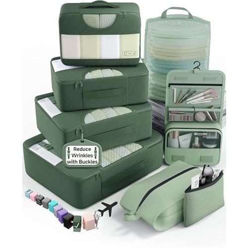 Veken 8 Set Packing Cubes for Travel Essentials,Anti-Wrinkle Buckled Suitcase Organizer for Shoe & Toiletry Bag,Carry On Luggage Bag for Airplane & College Dorm Room Accessories,Women Men Gifts