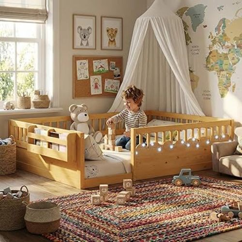 Montessori Floor Bed with High Rails,Full Size Floor Bed Frame for Kids, LED Lights & Storage Shelf, Safe & Wider Opening Gate Design, Playground & Sleep Space for Girls Boys,Natural