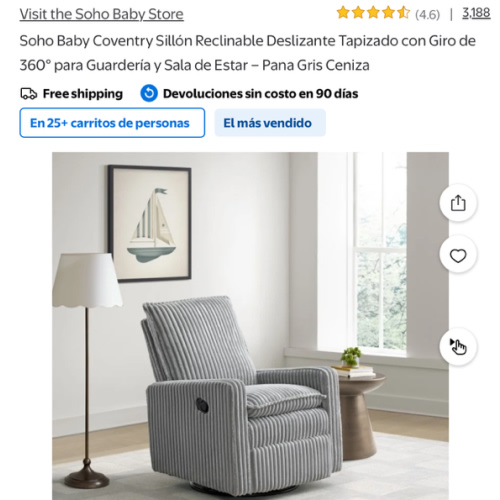 Soho Baby Coventry Mecedora Reclinable Tapizada Manual Giratoria de 360° para Guardería y Sala de Estar - Pana Gris Ceniza