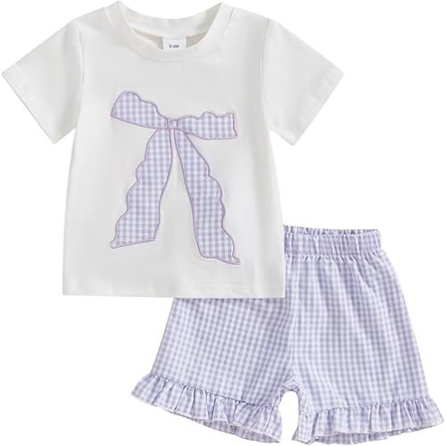 Toddler Baby Girl Short Outfit Bow Embroidery Short Sleeve Cotton T-Shirt Gingham Plaid Shorts 2Pcs Summer Clothes