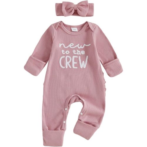 FIOMVA Im New Here Newborn Outfit Girl Long Sleeve Letter Romper Ribbed Knit Jumpsuit Baby Girl Preemie Coming Home Outfit