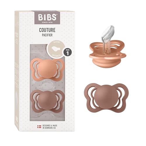 BIBS Couture Baby Pacifier 2-Pack | Made in Denmark | BPA Free Dummy Soother, Anatomical Nipple. Silicone, Size 1 (0-6 Months), Peach/Woodchuck