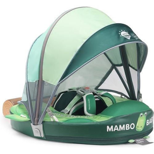 Mambobaby Float Add Tail Baby Swim Float with Canopy Solid Pool Infant Swim Trainer Swimming Training Lying Air Free Water Floats Non-Inflatable Waist Swim Ring for Toddlers (Crocodiles)