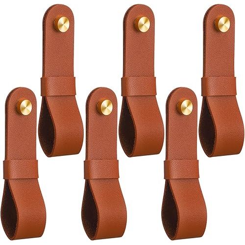 6 Pcs Leather Curtain Rod Holders PU Leather Curtain Rod Bracket Mounted Loop Straps with Screws and Plastic Wall Plugs, Boho Pole Hanger Hook for Towel Oar Home Wall Display Decor(Brown)