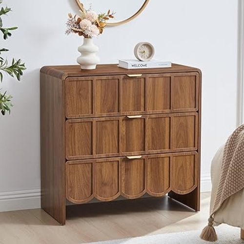 3 Drawer Dresser for Bedroom, Modern Closet Chest of Drawers with Wave Fluted Drawer, Wood Storage Small Dresser Organizer for Nursery Bedroom Living Room Hallway Closet (Walnut)