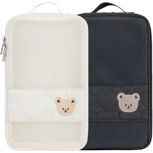 MOMIGO Baby Diaper Bag Organizer Pouches - 2 Pack Waterproof Pod Hanging Diaper Bag Cute Bear Mesh Bag Reusable, Washable or Baby Cloth Diapers