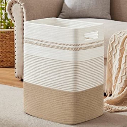 SIXDOVE Laundry Hamper, Large Woven Rope Tall Laundry Basket with Handles, 22" X 17" X 13", Decorative Storage Basket for Clothes and Blankets in Living room, Bedroom, Jute & White