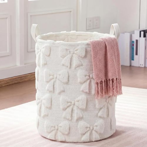 Blushtier White Bow Laundry Hamper Girls Room Decor Coquette Bow Plush Faux Fur Basket Kids 45l Storage Basket Collapsible Organize Bins for Gifts Toys Blanket Clothes Nursery Bedroom (1 Pcs)
