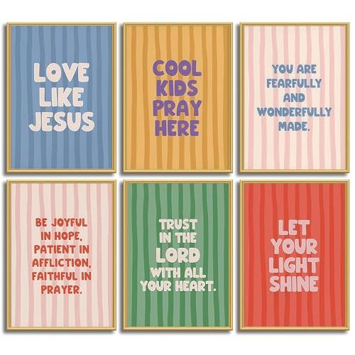 6Pcs Kids Bible Verse Wall Art Christian Children'S Room Wall Decor Prints | Nursery Colorful Striped Scripture Pictures Student Classroom Inspirational Quotes Posters for Bedroom Unframed 8x10in
