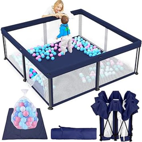 TOREVSIOR Foldable Baby Playpen with Mat, 50"×50" Collapsible Play Pen for Babies and Toddlers, Indoor & Outdoor Kids Safety Play Pen, Portable Play Yard, Foldable Baby Playpen with 50 Ocean Balls
