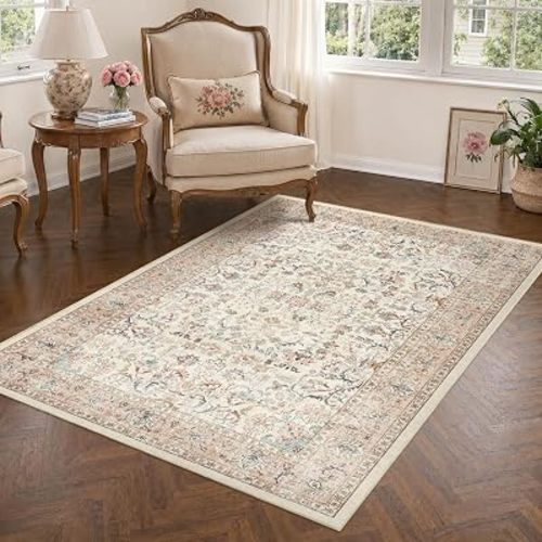 4x6 Washable Bedroom Area Rug Non-Slip Vintage Pink Throw Carpet