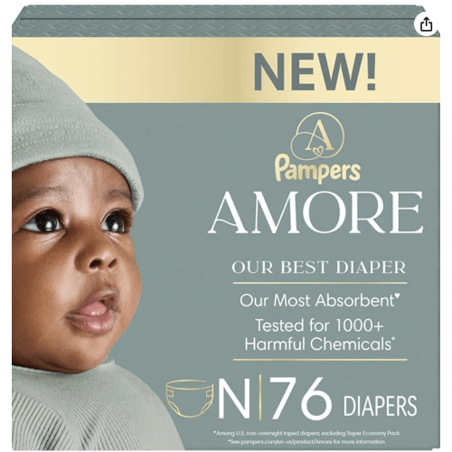 Pampers Amore, Size 0 (up to 10 lbs), 76 Count, Our Best Diaper – Hypoallergenic & Fragrance Free, Up to 100% Leakproof, Soft as Cashmere