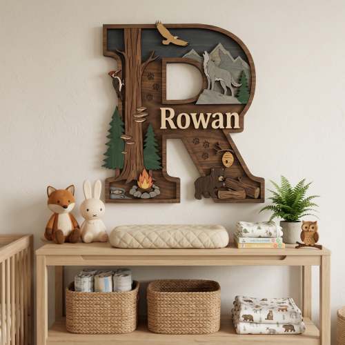Personalized Wooden Woodland Nursery Sign | Wolf & Bear Monogram – Wondroot