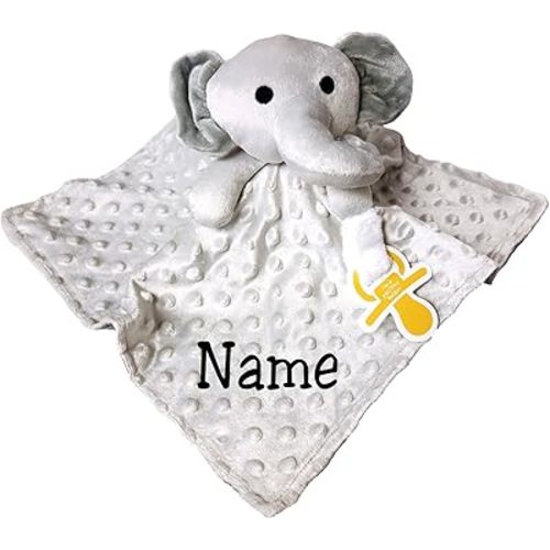 Personalized Lovey Security Blanket with Pacifier Holder Elephant Bear Dino Designs (Gray Elephant)
