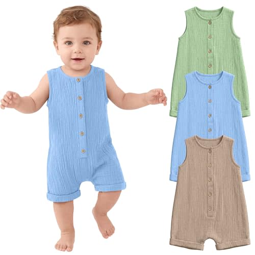 Halfchet 3 Pack Baby Boys Romper Infant Jumpsuit | 0-24M, Sleeveless Cotton Playsuit, Button Front, One Piece Summer Outfit, Soft Textured Fabric, Crawling, Play Time, Strolls