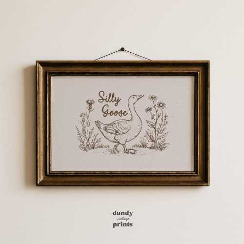 Silly Goose Wall Art Print: Vintage Brown Woodland Nursery Decor (Digital Download)