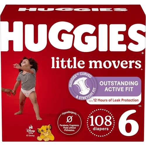 Huggies Size 6 Diapers, Little Movers Baby Diapers, Size 6 (35+ lbs), 108 Count (2 Packs of 54), Packaging May Vary