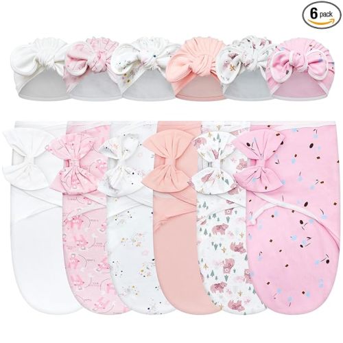 6 Pack Swaddle Blanket with Hats for Baby Girl Boy 100% Cotton Swaddles 0-3 Months, Adjustable Breathable Skin Friendly Receiving Blanket Wrap, Essential for Newborns(Rosette,Pink)
