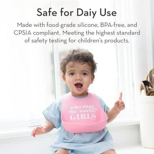 Baby Bib for Eating by Bella Tunno, Set of 2 Waterproof Silicone Bibs with Large Food Catcher, Adjustable Fit for Babies 4-12 months & Toddlers 1-3 Years, Boys & Girls, Who Runs The World & Gorgeous