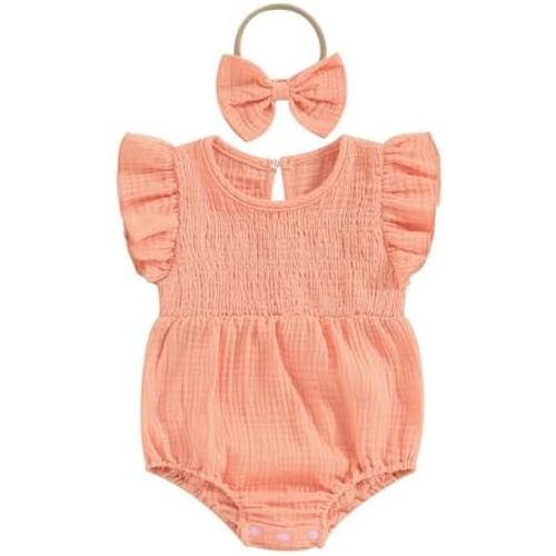 Newborn Baby Girl Clothes Ruffle Sleeve Solid Smocked Bubble Romper Jumpsuit Bow Headband Cute Summer Clothes