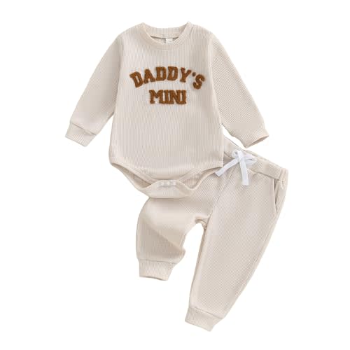 Kupretty Baby Boy Clothes 3 6 12 18 Months Fall Winter Outfit Mama's Boy Embroidery Waffle Long Sleeve Romper Pants Set
