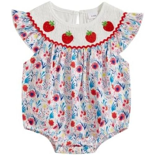 Newborn Baby Girls Smocked Outfit Strawberry Embroidery Onesie Sleeveless Bubble Romper Bodysuit Summer Clothes