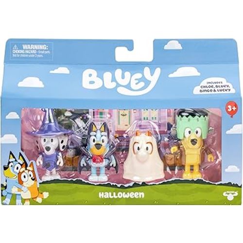 Bluey Halloween Figures Pack of 4, Robust Articulated Character Toys with Bingo, Chloe, and Lucky Figurines, Small Action Figures for Kids Ages 3+