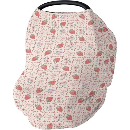 Boho Strawberry Flowers Car Seat Cover for Baby Strawberries Pink Bows Checkerboard Stretchy 5-in-1 Cover Adjustable Car Canopy Cover Summer Fruit Breathable Nursing Cover-Up