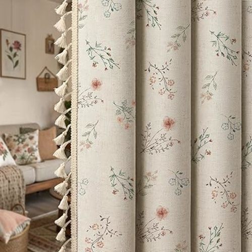 Boho Floral 100% Blackout Curtains 84 Inch Length 2 Panels Set, Linen Texture Farmhouse Curtains Beige Tassel for Living Room Bedroom Vintage Rustic Patterned Printed Western Rod Pocket