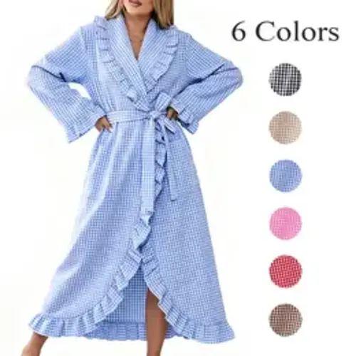 Cotton Robes for Women Gingham Long Sleeve Ruffle Trim Robe Bathrobe Lightweight Plaid Loungewear Sleepwear - TikTok Shop