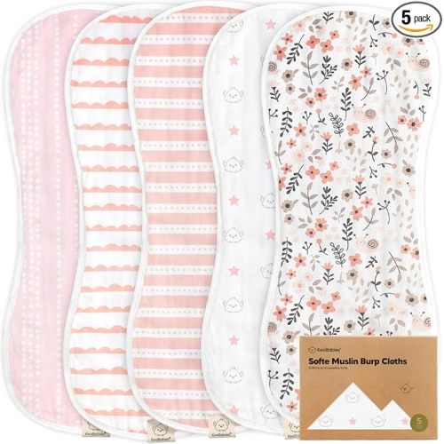 5-Pack Muslin Burp Cloths Baby Boy, Girl - Very Absorbent Baby Burp Cloth Rags, 8-Layers Viscose Derived from Bamboo Cotton Muslin Towel, Super Soft Spit Up Rags, No Shrink Washcloths (Sweet Charm)