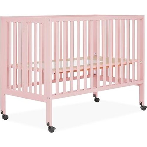 Dream On Me Quinn Full-Size Portable Baby Crib in Blush Pink, GreenGuard Gold & JPMA, Patented Quick Fold System, Adjustable Mattress Support, Heavy-Duty Wheels, Compact Design
