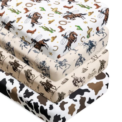 4 Pack Western Cowboy Crib Baby Sheets Western Neutral Breathable Fitted Baby Sheet Cowboy Nursery Sheets for Baby Boys or Girls (Crib Sheet)