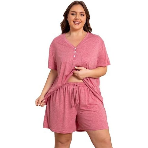 Vozanet Women's Plus Size Solid Pajama Sets Button V Neck Sleepwear Summer Shorts Nighty Soft Loungewear with Pockets