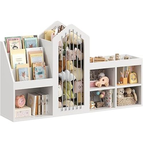 Kids Bookshelf & Toy Storage Organizer, Toy Cabinet with Stuffed Animal Storage & Elastic Cords, 4-Tier Bookcase and 5 Compartments, for Kids Room, Nursery, Playroom, White