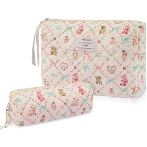 Gosect 2PC Makeup Bag Set, Cute Cosmetic Bag for Women Girls, Floral Coquette Aesthetic Toiletry Bag, Travel Make Up Organizer Bag (Care Bear)