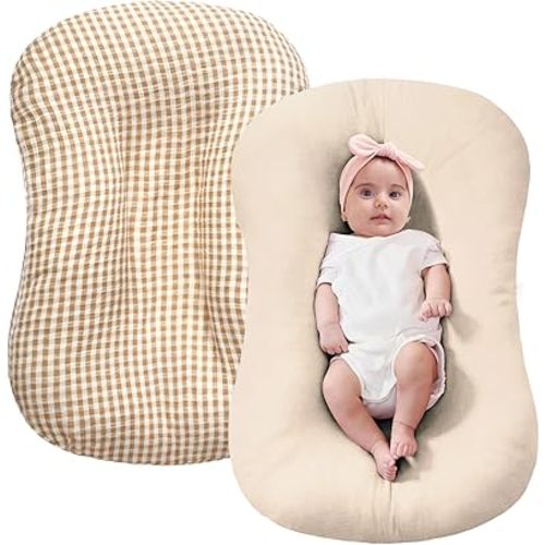 FUNUPUP Muslin Baby Lounger Cover Only Compatible with Snuggle Me Lounger, Infant Pillow Cover for Newborn, Removable Nest Slipcover for Boys and Girls, Only Cover, Beige and Plaid