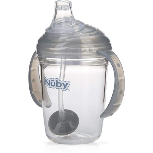 Nuby 360 Grip N' Sip Trainer Cup with Weighted Straw & Hygienic Cover - 8 oz - Spill-Resistant Baby Cup - 4+ Months - Gray