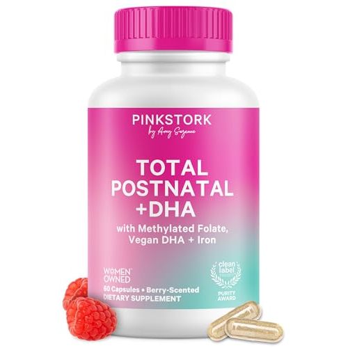 Pink Stork Total Postnatal Vitamins for Women | Vegan DHA, Iron, Folate, B12 | Postpartum Recovery Essentials | Lactation Support for Breastfeeding Moms | Clean Label Award Winner- 60 Capsules, Berry