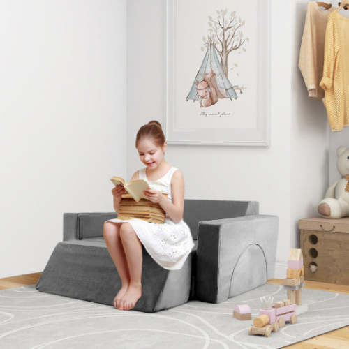 COSTWAY 8 Pieces Kids Modular Play Sofa With Detachable Cover for Playroom and Bedroom-Gray