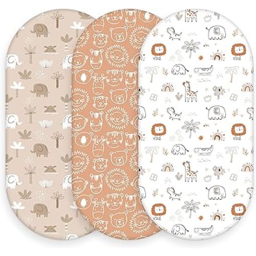 Baby Bassinet Sheets, 3 Pack Fitted Bassinet Mattress Sheets, Compatible with Halo Bassinest Swivel Sleeper & Oval Hourglass Rectangle Mattress, Ultra Soft Orange Animal World