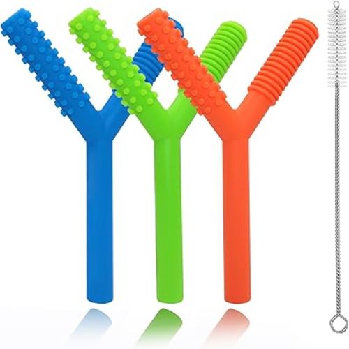 Hollow Teething Tubes Toys for Babies Girls Boys, 5 Pack Silicone Baby Teether Toy Tube for Infants with Nursing Biting Chewing, Chew Straws for Toddlers 6-12 Months (Style C)