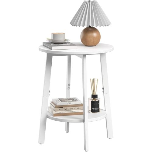 Side Table, Small Round End Table with Storage Shelf for Small Space, 2-Tier Small Bedside Table Sofa Couch Table, Round Accent Table Nighstands for Living Room, Bedroom,White