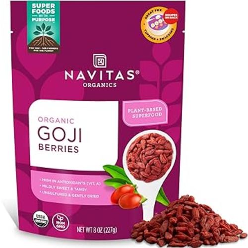 Navitas Organics Goji Berries – For Smoothies, Trail Mix, Baked Goods, Oatmeal & More – Vitamin A, Antioxidants, Fiber – Wolfberry - USDA Organic, Non GMO, Gluten Free, Vegan (8oz. Bag, 8 Servings)