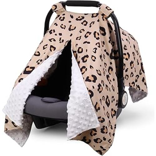 Rquite Car Seat Cover Baby, Carseat Covers for Boy Girl, Minky Infant Car Seat Cover Winter, Peekaboo Opening Car Seat Canopy, Multiuse Baby Carrier, Stroller, Nursing Cover, Minky Blanket, Leopard