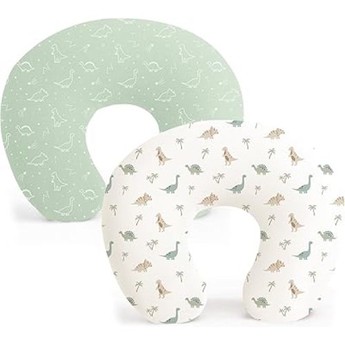 Konssy 2 Pack Nursing Pillow Covers, Stretchy and Soft Nursing Cover for Breastfeeding Pillows, Pillow Slipcover for Baby Girls Boys Newborn (Dino Jungle, Sage)