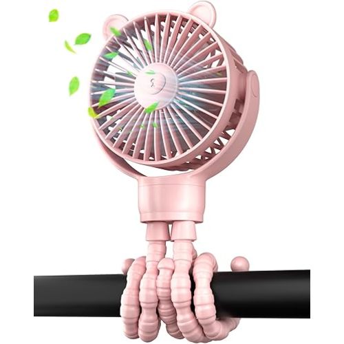 buywoo Portable Stroller Mini Fan, Small Rechargeable Personal Cooler w/ 360° Rotation, Baby Essentials for Car Seat, Crib, Bike, Treadmill, 3-Speed Battery Powered Stroller Accessories, Pink