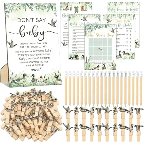 Patelai 321 Pcs Baby Shower Games Supplies, 5 Sets (50 Cards Each) Activities Cards with 20 Pencils 1 Don't Say Baby Sign 50 Clothespin(Mallard Duck)
